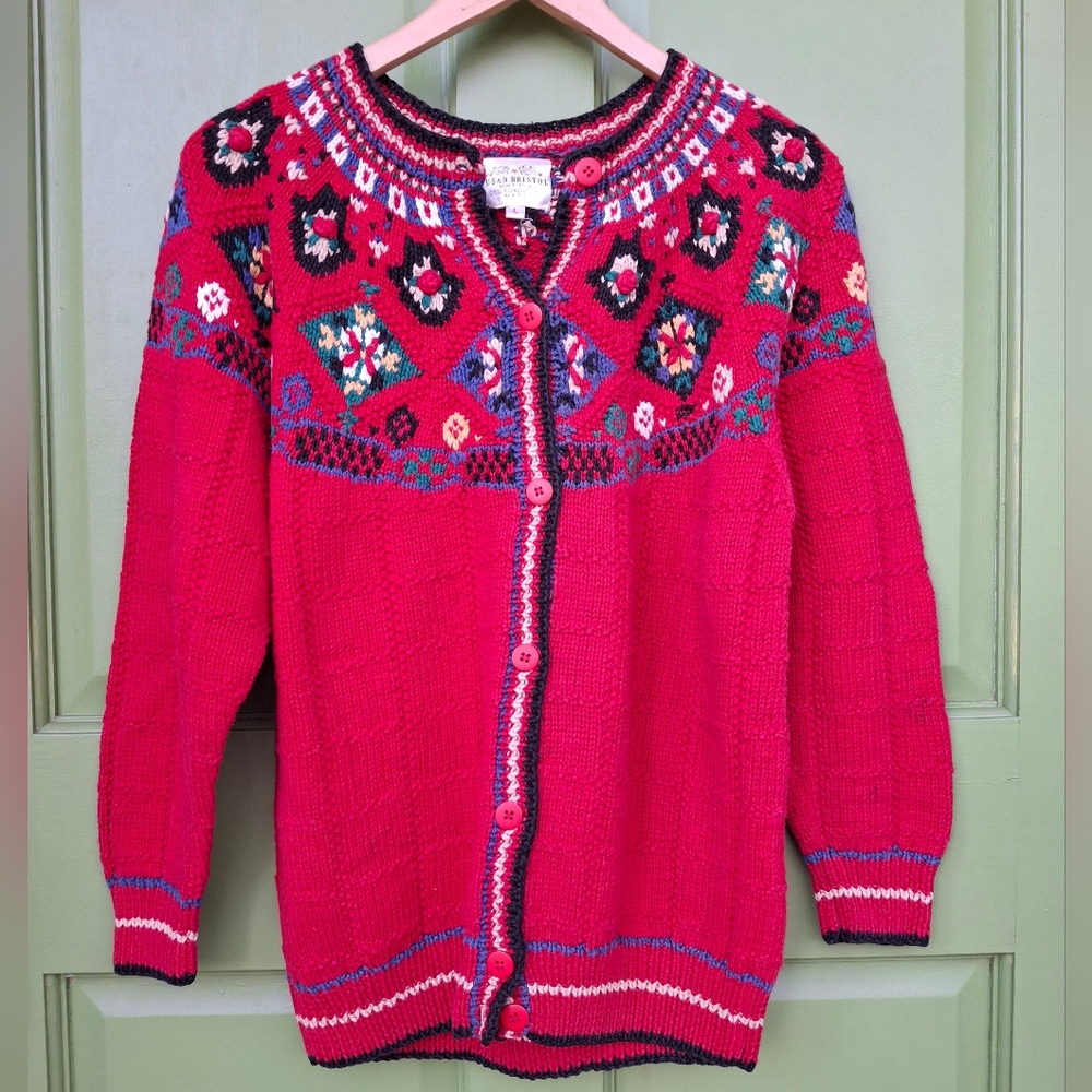 Susan Bristol Red and Blue Cardigan Sweater with Floral Yoke